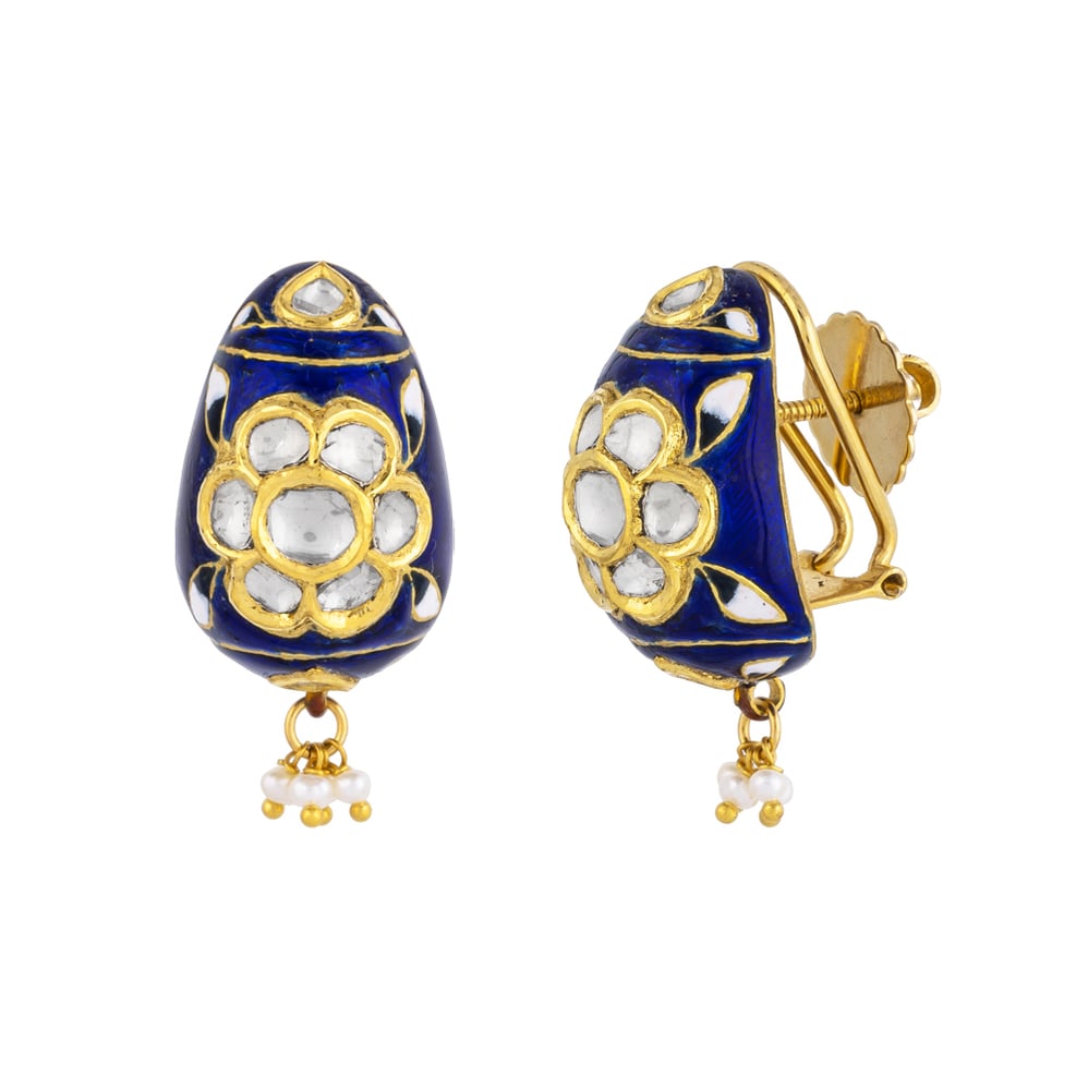 Blue Enamel Hasli Necklace Set with Polki Floral Motifs & Pearls
